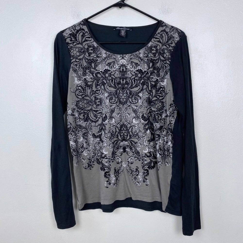 Kenneth Cole New York Gray Black Velvet Burnout Damask Long Sleeve Size‎ Small